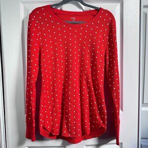 Old Navy Womens Large Red Orange w White Polka Dot Waffle Knit Long Sleeve Shirt